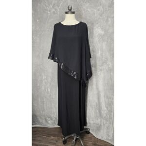 R&M Richards Black Sz 16 Sequin Capelet Maxi Dress Glam Lace Gown Elegant Party